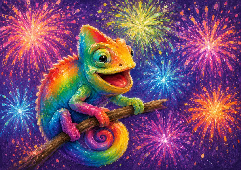 Tierpostkarte: buntes Chamäleon vor Feuerwerk